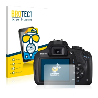 Parte frontal de un envase de producto con el logotipo de la marca BROTECT. Al lado se muestra el dispositivo Canon EOS 1200D