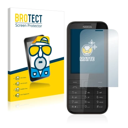 Parte frontal de un envase de producto con el logotipo de la marca BROTECT. Al lado se muestra el dispositivo Nokia 225 con su