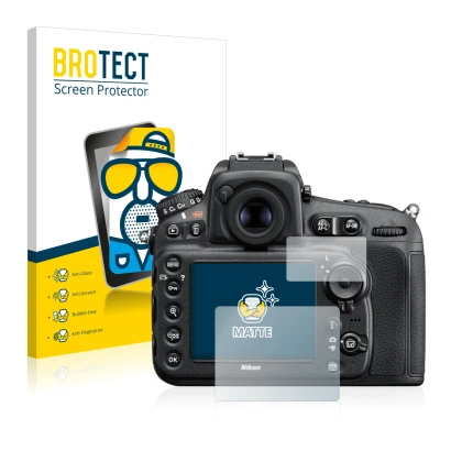 Parte frontal de un envase de producto con el logotipo de la marca BROTECT. Al lado se muestra el dispositivo Nikon D810 con s