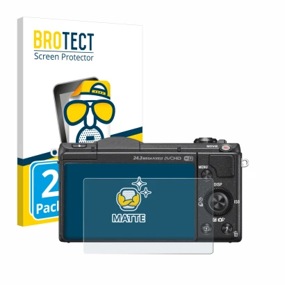 Parte frontal de un envase de producto con el logotipo de la marca BROTECT. Al lado se muestra el dispositivo Sony Alpha 5100