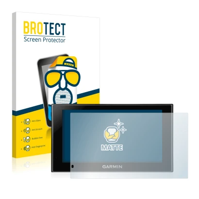 Parte frontal de un envase de producto con el logotipo de la marca BROTECT. Al lado se muestra el dispositivo Garmin nüvi 2599