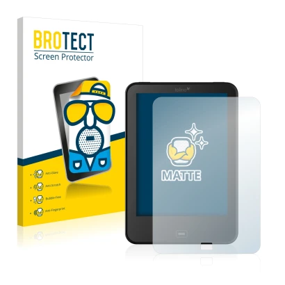 Parte frontal de un envase de producto con el logotipo de la marca BROTECT. Al lado se muestra el dispositivo Tolino Vision 2 