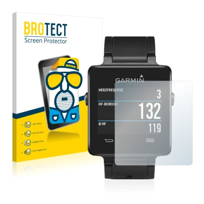 Parte frontal de un envase de producto con el logotipo de la marca BROTECT. Al lado se muestra el dispositivo Garmin vivoactiv