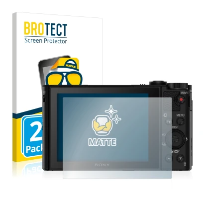 Parte frontal de un envase de producto con el logotipo de la marca BROTECT. Al lado se muestra el dispositivo Sony Cyber-Shot