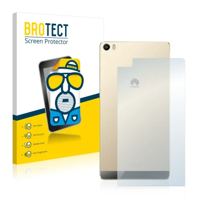 Parte frontal de un envase de producto con el logotipo de la marca BROTECT. Al lado se muestra el dispositivo Huawei P8 Max (T