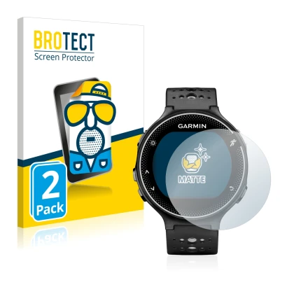 Parte frontal de un envase de producto con el logotipo de la marca BROTECT. Al lado se muestra el dispositivo Garmin Forerunne