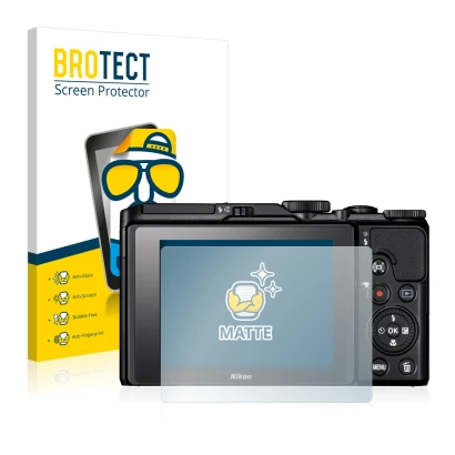 Parte frontal de un envase de producto con el logotipo de la marca BROTECT. Al lado se muestra el dispositivo Nikon Coolpix A9