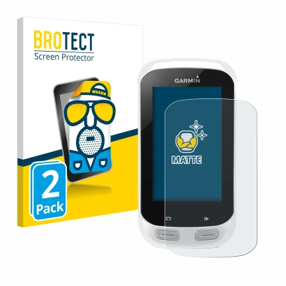 Parte frontal de un envase de producto con el logotipo de la marca BROTECT. Al lado se muestra el dispositivo Garmin Edge Expl