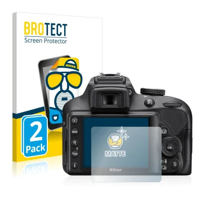 Parte frontal de un envase de producto con el logotipo de la marca BROTECT. Al lado se muestra el dispositivo Nikon D3400 con