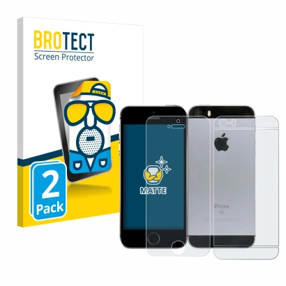 Parte frontal de un envase de producto con el logotipo de la marca BROTECT. Al lado se muestra el dispositivo Apple iPhone SE 