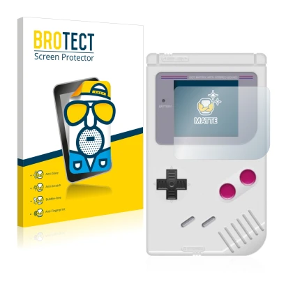 Parte frontal de un envase de producto con el logotipo de la marca BROTECT. Al lado se muestra el dispositivo Nintendo Gameboy
