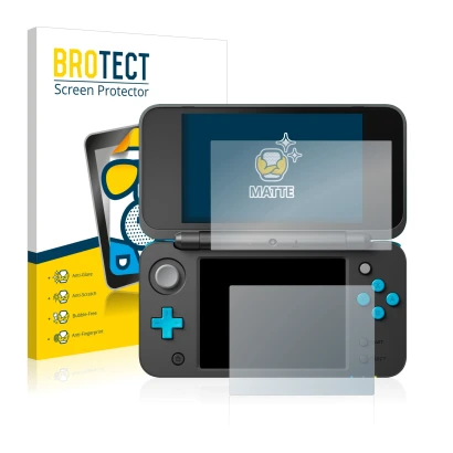 Parte frontal de un envase de producto con el logotipo de la marca BROTECT. Al lado se muestra el dispositivo Nintendo 2DS XL 