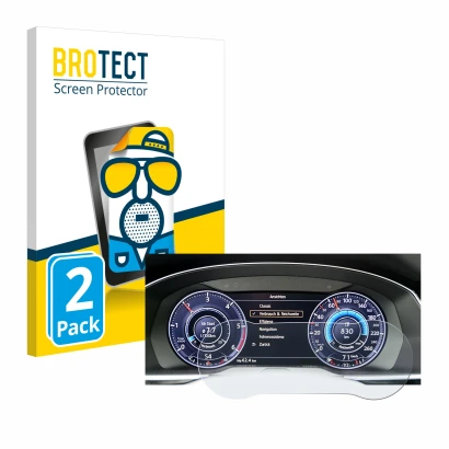 Parte frontal de un envase de producto con el logotipo de la marca BROTECT. Al lado se muestra el dispositivo Volkswagen Tigua