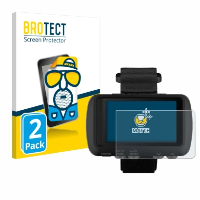 Parte frontal de un envase de producto con el logotipo de la marca BROTECT. Al lado se muestra el dispositivo Garmin Foretrex