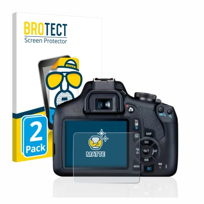 Parte frontal de un envase de producto con el logotipo de la marca BROTECT. Al lado se muestra el dispositivo Canon EOS 2000D