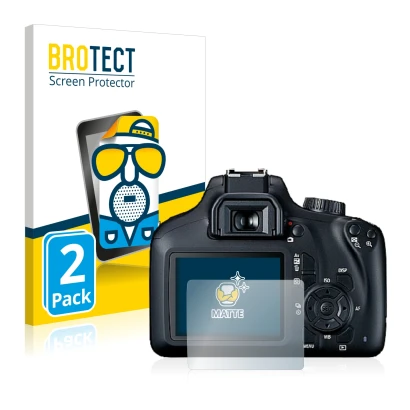 Parte frontal de un envase de producto con el logotipo de la marca BROTECT. Al lado se muestra el dispositivo Canon EOS 4000D