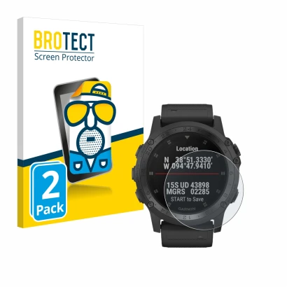 Parte frontal de un envase de producto con el logotipo de la marca BROTECT. Al lado se muestra el dispositivo Garmin Tactix Ch