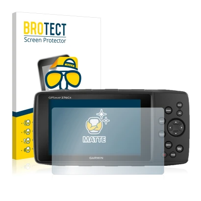 Parte frontal de un envase de producto con el logotipo de la marca BROTECT. Al lado se muestra el dispositivo Garmin GPSMAP 27
