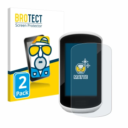 Parte frontal de un envase de producto con el logotipo de la marca BROTECT. Al lado se muestra el dispositivo Garmin Edge Expl