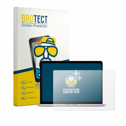 Parte frontal de un envase de producto con el logotipo de la marca BROTECT. Al lado se muestra el dispositivo Apple MacBook Pr
