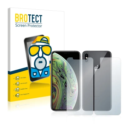 Parte frontal de un envase de producto con el logotipo de la marca BROTECT. Al lado se muestra el dispositivo Apple iPhone Xs