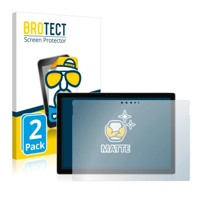 Parte frontal de un envase de producto con el logotipo de la marca BROTECT. Al lado se muestra el dispositivo Microsoft Surfac