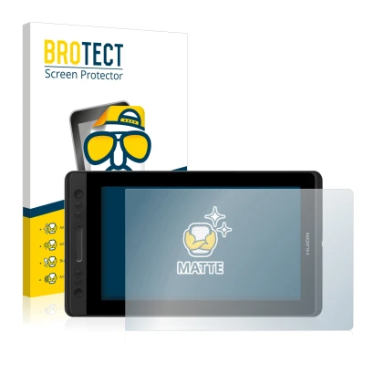 Parte frontal de un envase de producto con el logotipo de la marca BROTECT. Al lado se muestra el dispositivo Huion Kamvas Pro