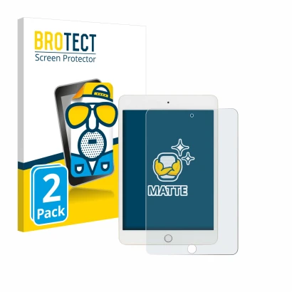 Parte frontal de un envase de producto con el logotipo de la marca BROTECT. Al lado se muestra el dispositivo Apple iPad Mini 