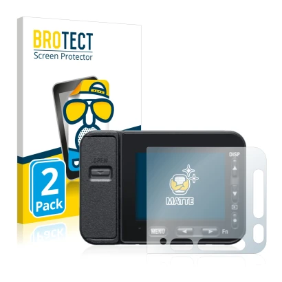 Parte frontal de un envase de producto con el logotipo de la marca BROTECT. Al lado se muestra el dispositivo Sony DSC-RX0M2 (