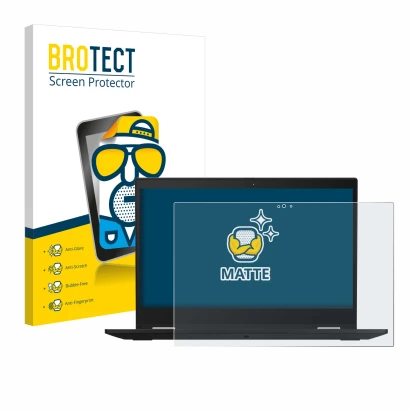 Parte frontal de un envase de producto con el logotipo de la marca BROTECT. Al lado se muestra el dispositivo Lenovo ThinkPad 