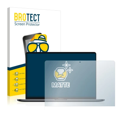 Parte frontal de un envase de producto con el logotipo de la marca BROTECT. Al lado se muestra el dispositivo Apple MacBook Pr