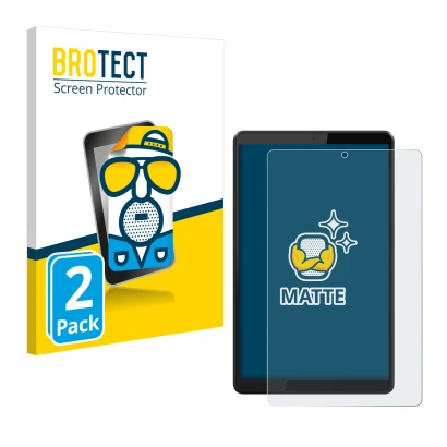 Parte frontal de un envase de producto con el logotipo de la marca BROTECT. Al lado se muestra el dispositivo Lenovo Tab M8 co