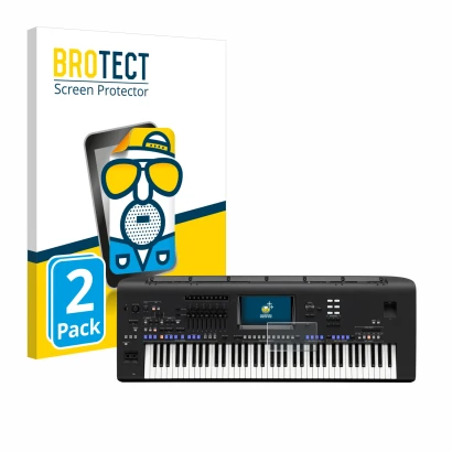 Parte frontal de un envase de producto con el logotipo de la marca BROTECT. Al lado se muestra el dispositivo Yamaha Genos con