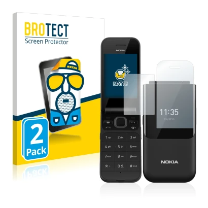 Parte frontal de un envase de producto con el logotipo de la marca BROTECT. Al lado se muestra el dispositivo Nokia 2720 Flip