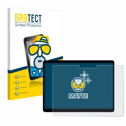 Parte frontal de un envase de producto con el logotipo de la marca BROTECT. Al lado se muestra el dispositivo Microsoft Surfac