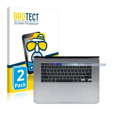 Parte frontal de un envase de producto con el logotipo de la marca BROTECT. Al lado se muestra el dispositivo Apple MacBook Pr