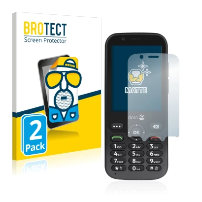 Parte frontal de un envase de producto con el logotipo de la marca BROTECT. Al lado se muestra el dispositivo Doro 7010 con su