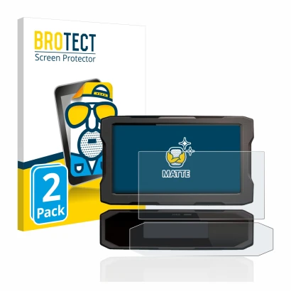 Parte frontal de un envase de producto con el logotipo de la marca BROTECT. Al lado se muestra el dispositivo Honda CRF1100L 2