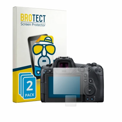 Parte frontal de un envase de producto con el logotipo de la marca BROTECT. Al lado se muestra el dispositivo Canon EOS R5 con