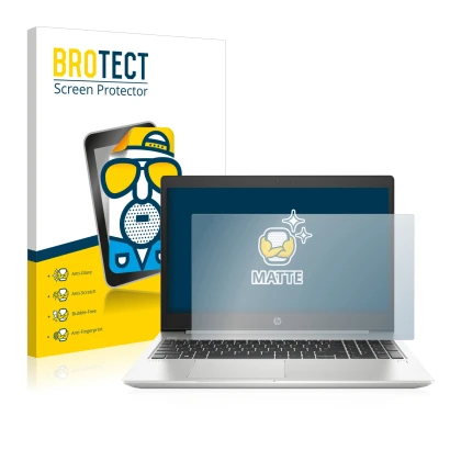 Parte frontal de un envase de producto con el logotipo de la marca BROTECT. Al lado se muestra el dispositivo HP ProBook 450 G