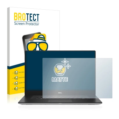 Parte frontal de un envase de producto con el logotipo de la marca BROTECT. Al lado se muestra el dispositivo Dell Precision 5