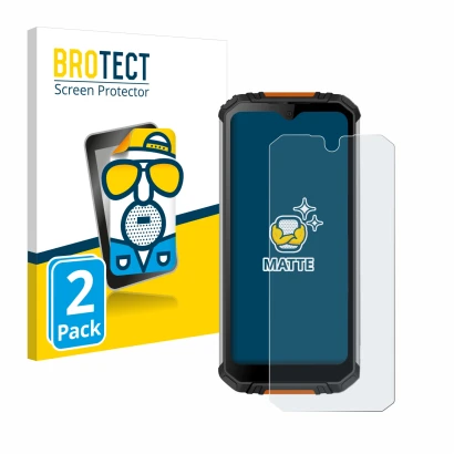 Parte frontal de un envase de producto con el logotipo de la marca BROTECT. Al lado se muestra el dispositivo Oukitel WP6 con