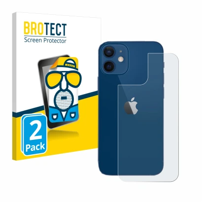 Parte frontal de un envase de producto con el logotipo de la marca BROTECT. Al lado se muestra el dispositivo Apple iPhone 12