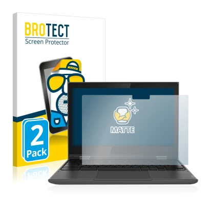 Parte frontal de un envase de producto con el logotipo de la marca BROTECT. Al lado se muestra el dispositivo Lenovo 300e (2da