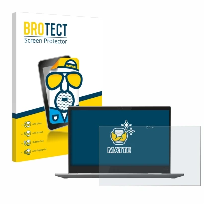 Parte frontal de un envase de producto con el logotipo de la marca BROTECT. Al lado se muestra el dispositivo Lenovo ThinkPad 