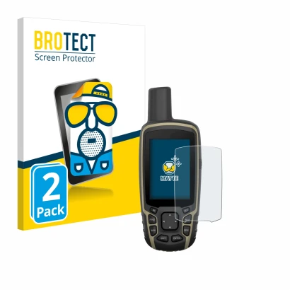 Parte frontal de un envase de producto con el logotipo de la marca BROTECT. Al lado se muestra el dispositivo Garmin GPSMAP 65