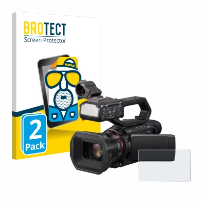 Parte frontal de un envase de producto con el logotipo de la marca BROTECT. Al lado se muestra el dispositivo Panasonic HC-X20