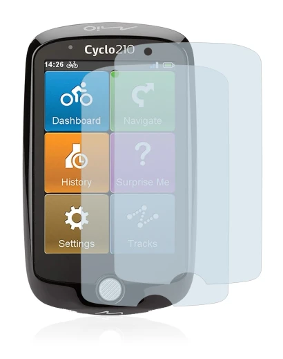 Imagen del dispositivo Mio Cyclo 210 con una amplia variedad de protectores de pantalla.