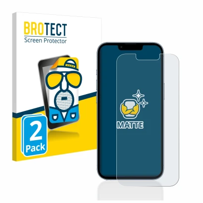 Parte frontal de un envase de producto con el logotipo de la marca BROTECT. Al lado se muestra el dispositivo Apple iPhone 13