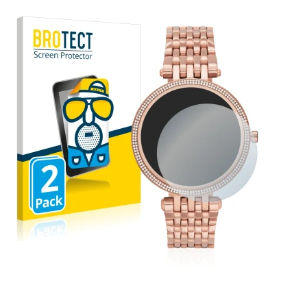 Parte frontal de un envase de producto con el logotipo de la marca BROTECT. Al lado se muestra el dispositivo Michael Kors Acc